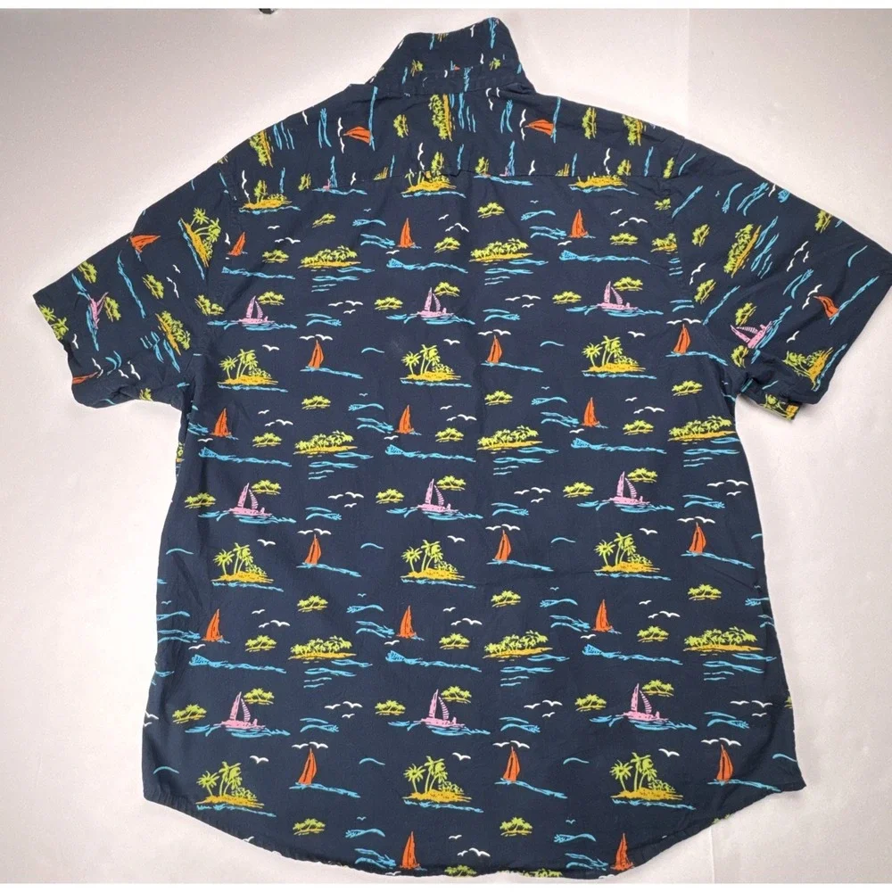 Denim‎ & Flower Shirt Tropical Island Sailboat Print Slim Fit Size XL Navy Blue - Picture 2 of 7